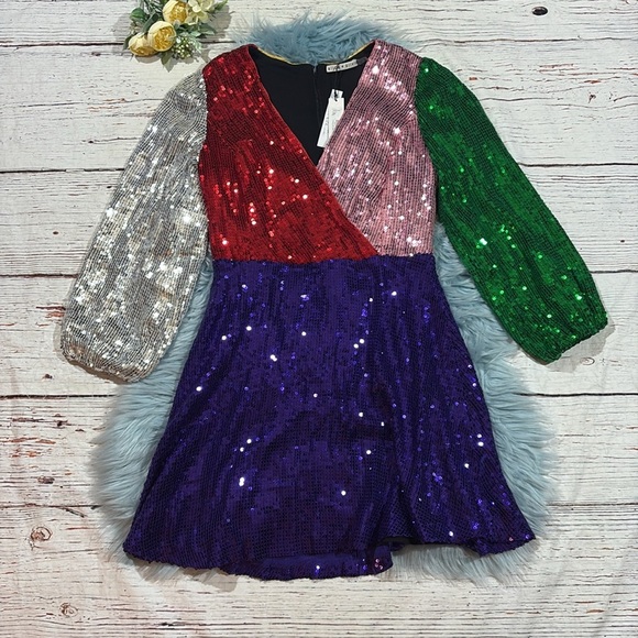 NWT Alice + Olivia Blaze Rainbow Mulit Colored Sequin Dress - Picture 2 of 11